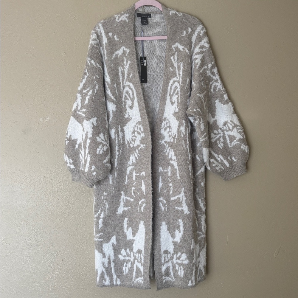 Lola B. Lashes Gray & Ivory Puffy Sleeves Duster Boho cabin open Cardigan SIZE-S